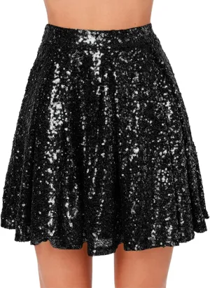 Womens Sequin Skirts Sparkly Knee Length Solid Color Flowy High Waist Sequin Bodycon Sparkly Skirt for Short Skirts