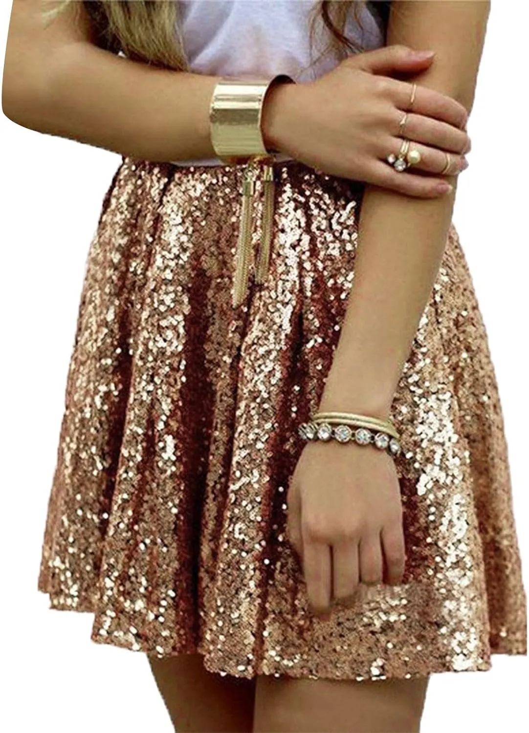 Womens Sequin Skirts Sparkly Knee Length Solid Color Flowy High Waist Sequin Bodycon Sparkly Skirt for Short Skirts