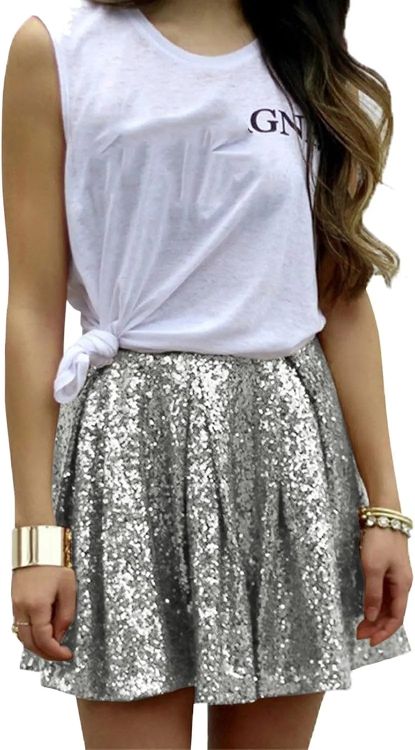 Womens Sequin Skirts Sparkly Knee Length Solid Color Flowy High Waist Sequin Bodycon Sparkly Skirt for Short Skirts