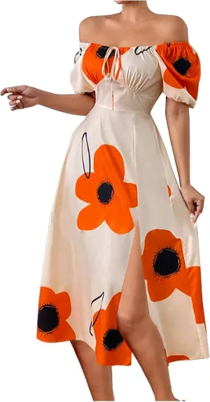 Womens Sexy Split Hem Bandeau Maxi Dresses Puff Sleeves Off-Shoulder Cocktail Party Floral Dress Beach Sundress