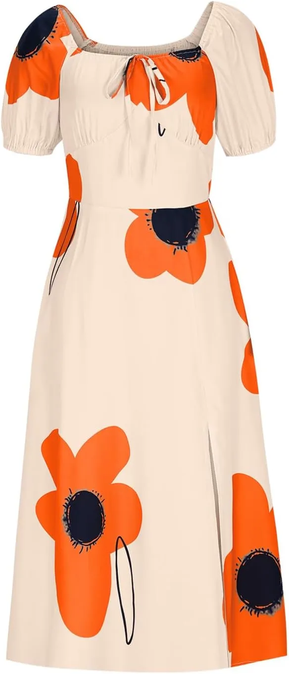 Womens Sexy Split Hem Bandeau Maxi Dresses Puff Sleeves Off-Shoulder Cocktail Party Floral Dress Beach Sundress