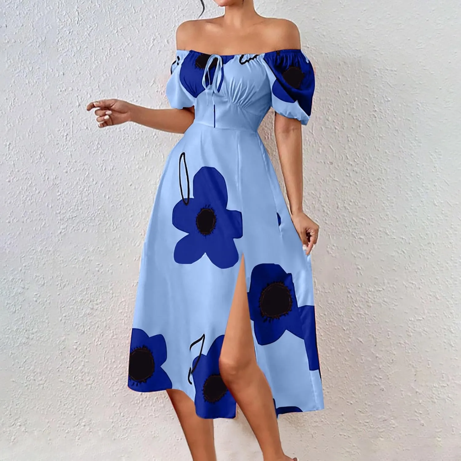 Womens Sexy Split Hem Bandeau Maxi Dresses Puff Sleeves Off-Shoulder Cocktail Party Floral Dress Beach Sundress