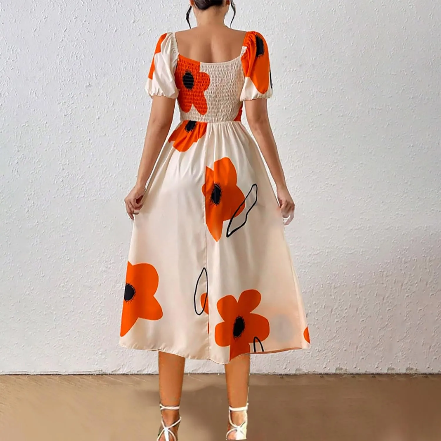 Womens Sexy Split Hem Bandeau Maxi Dresses Puff Sleeves Off-Shoulder Cocktail Party Floral Dress Beach Sundress