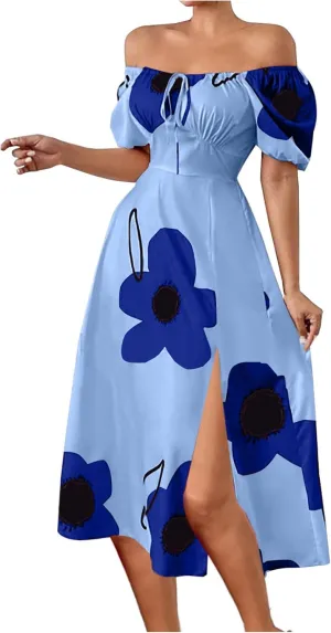 Womens Sexy Split Hem Bandeau Maxi Dresses Puff Sleeves Off-Shoulder Cocktail Party Floral Dress Beach Sundress