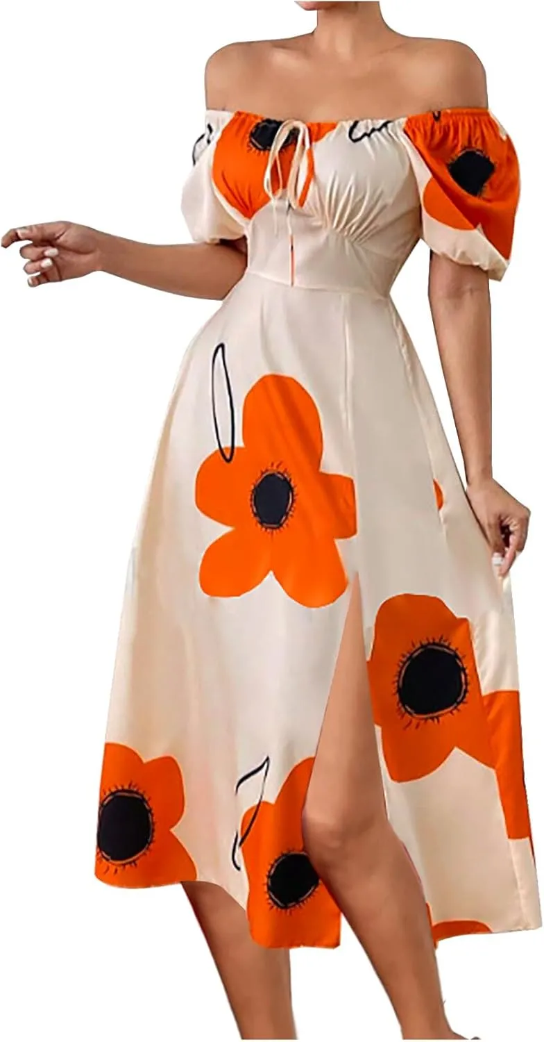 Womens Sexy Split Hem Bandeau Maxi Dresses Puff Sleeves Off-Shoulder Cocktail Party Floral Dress Beach Sundress
