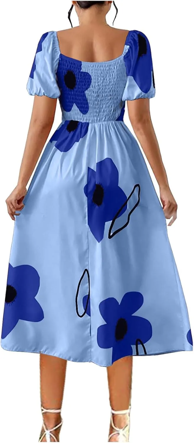 Womens Sexy Split Hem Bandeau Maxi Dresses Puff Sleeves Off-Shoulder Cocktail Party Floral Dress Beach Sundress