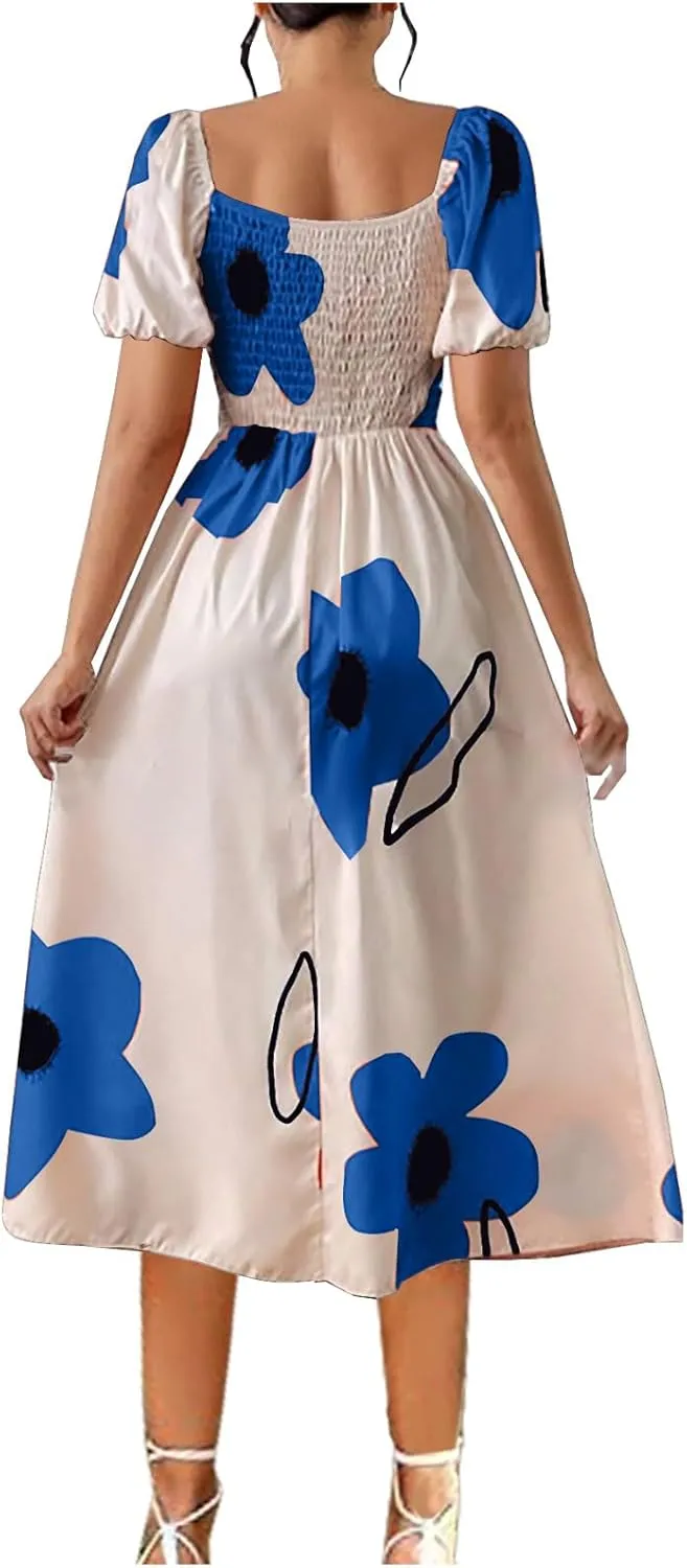 Womens Sexy Split Hem Bandeau Maxi Dresses Puff Sleeves Off-Shoulder Cocktail Party Floral Dress Beach Sundress