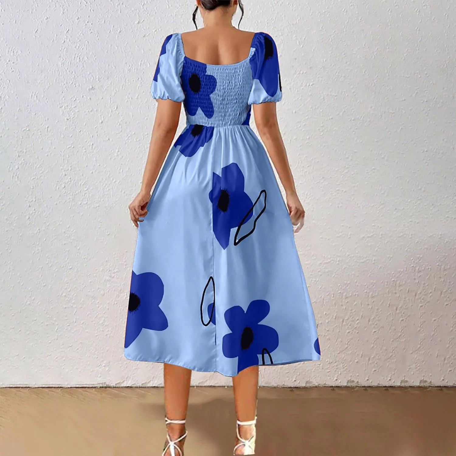 Womens Sexy Split Hem Bandeau Maxi Dresses Puff Sleeves Off-Shoulder Cocktail Party Floral Dress Beach Sundress