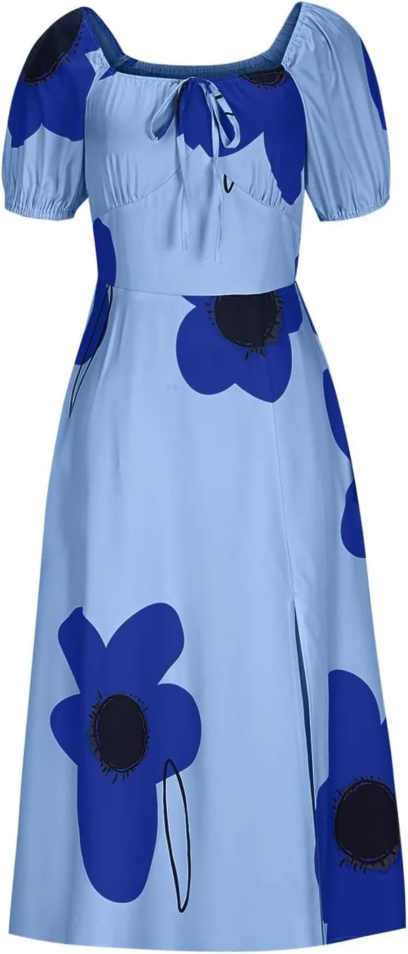 Womens Sexy Split Hem Bandeau Maxi Dresses Puff Sleeves Off-Shoulder Cocktail Party Floral Dress Beach Sundress