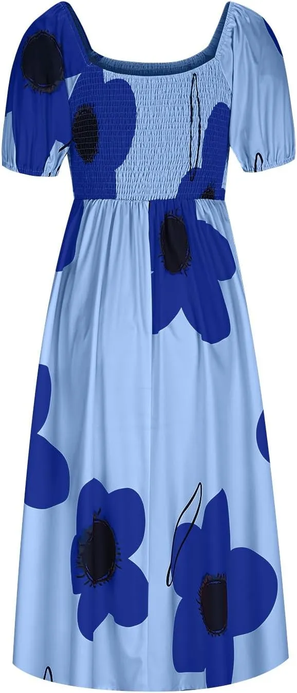 Womens Sexy Split Hem Bandeau Maxi Dresses Puff Sleeves Off-Shoulder Cocktail Party Floral Dress Beach Sundress