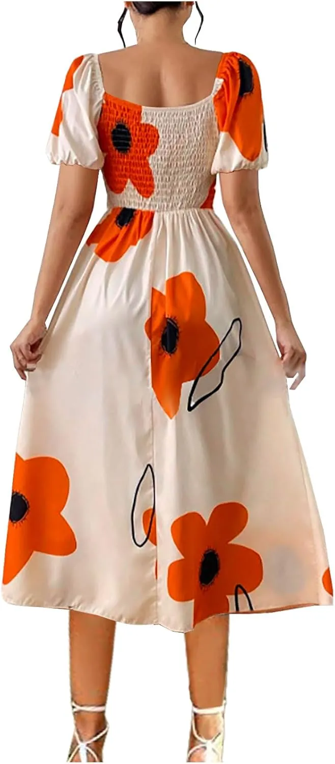 Womens Sexy Split Hem Bandeau Maxi Dresses Puff Sleeves Off-Shoulder Cocktail Party Floral Dress Beach Sundress
