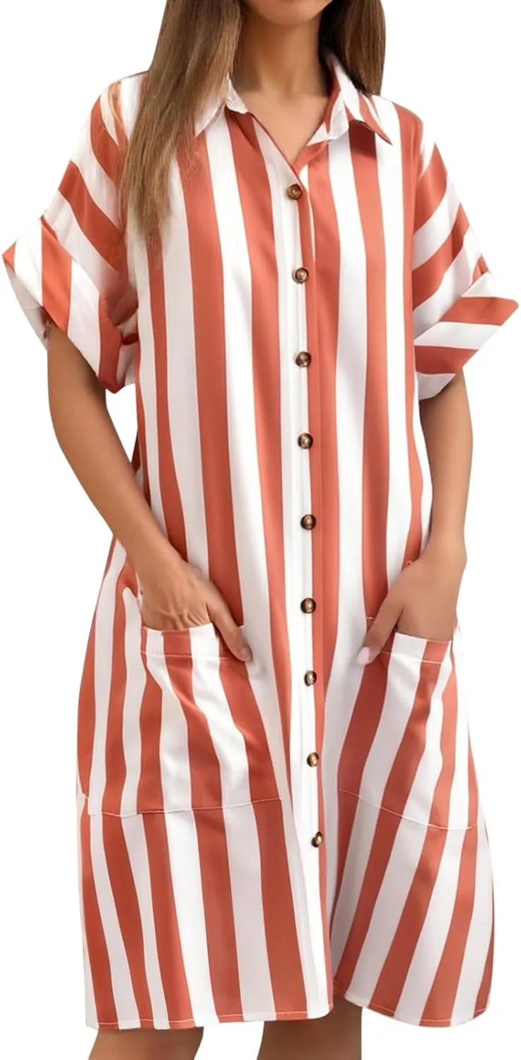 Womens Shirt Dress 2025 Striped Dresses Short Sleeve Button Down Collared Beach Casual Shift Dresses with Pockets