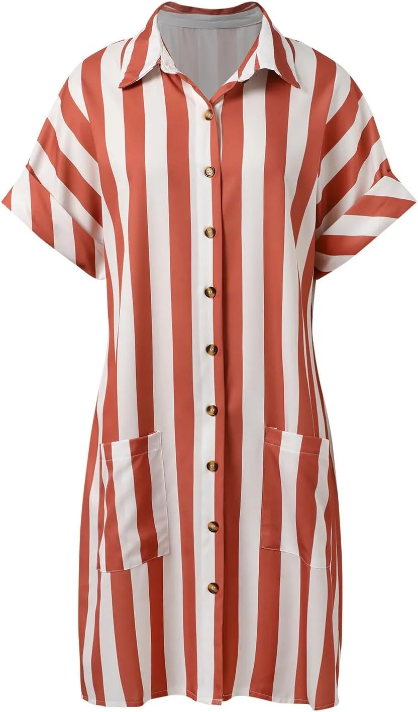Womens Shirt Dress 2025 Striped Dresses Short Sleeve Button Down Collared Beach Casual Shift Dresses with Pockets