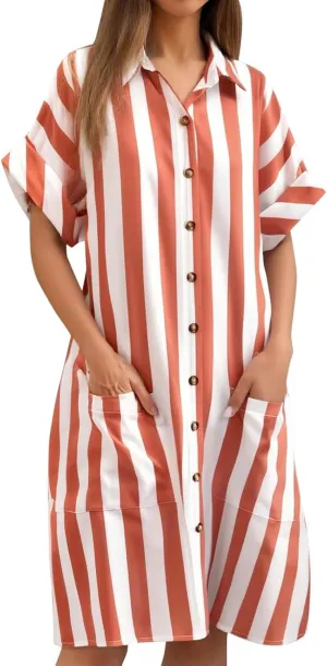Womens Shirt Dress 2025 Striped Dresses Short Sleeve Button Down Collared Beach Casual Shift Dresses with Pockets