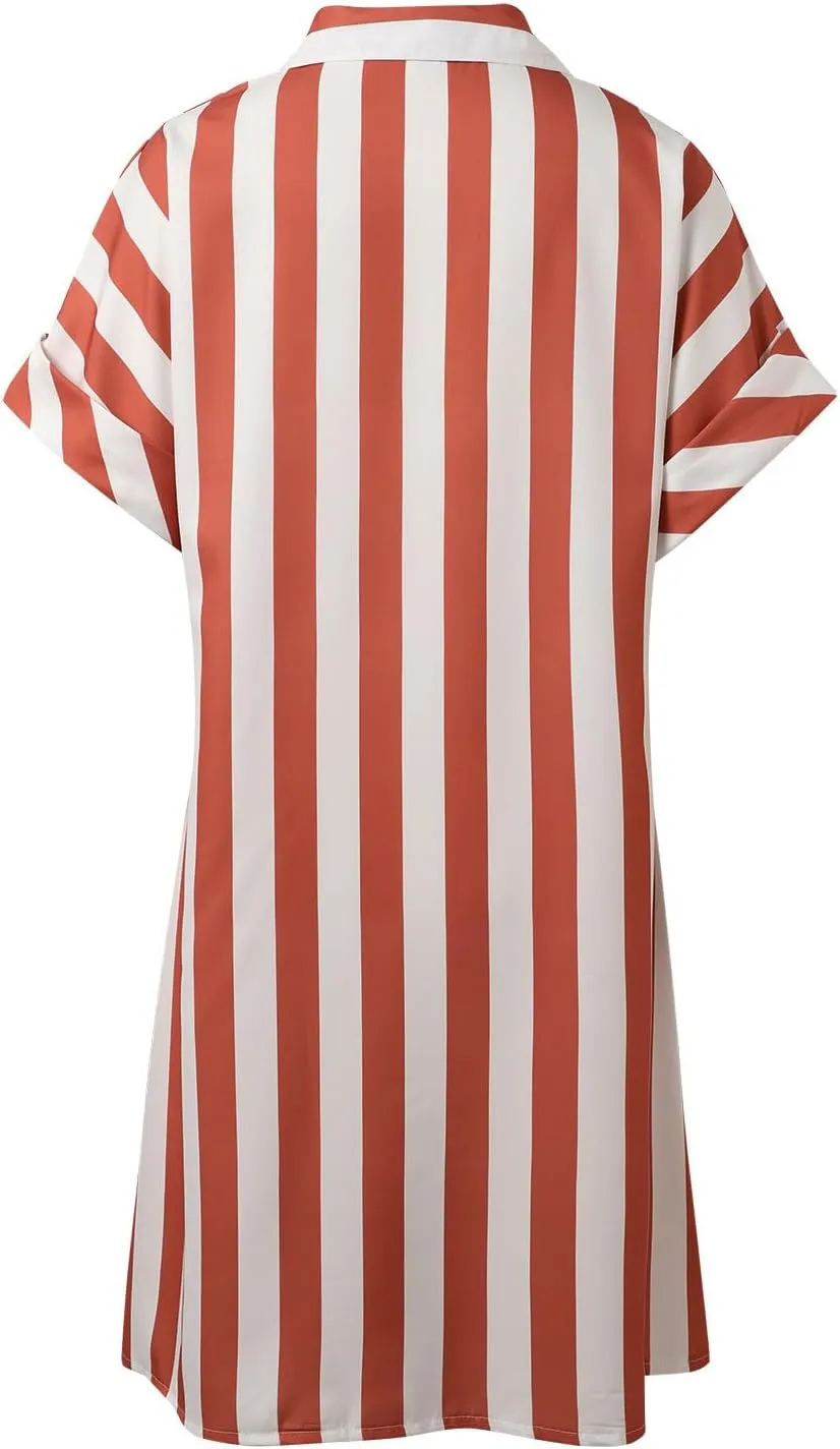 Womens Shirt Dress 2025 Striped Dresses Short Sleeve Button Down Collared Beach Casual Shift Dresses with Pockets