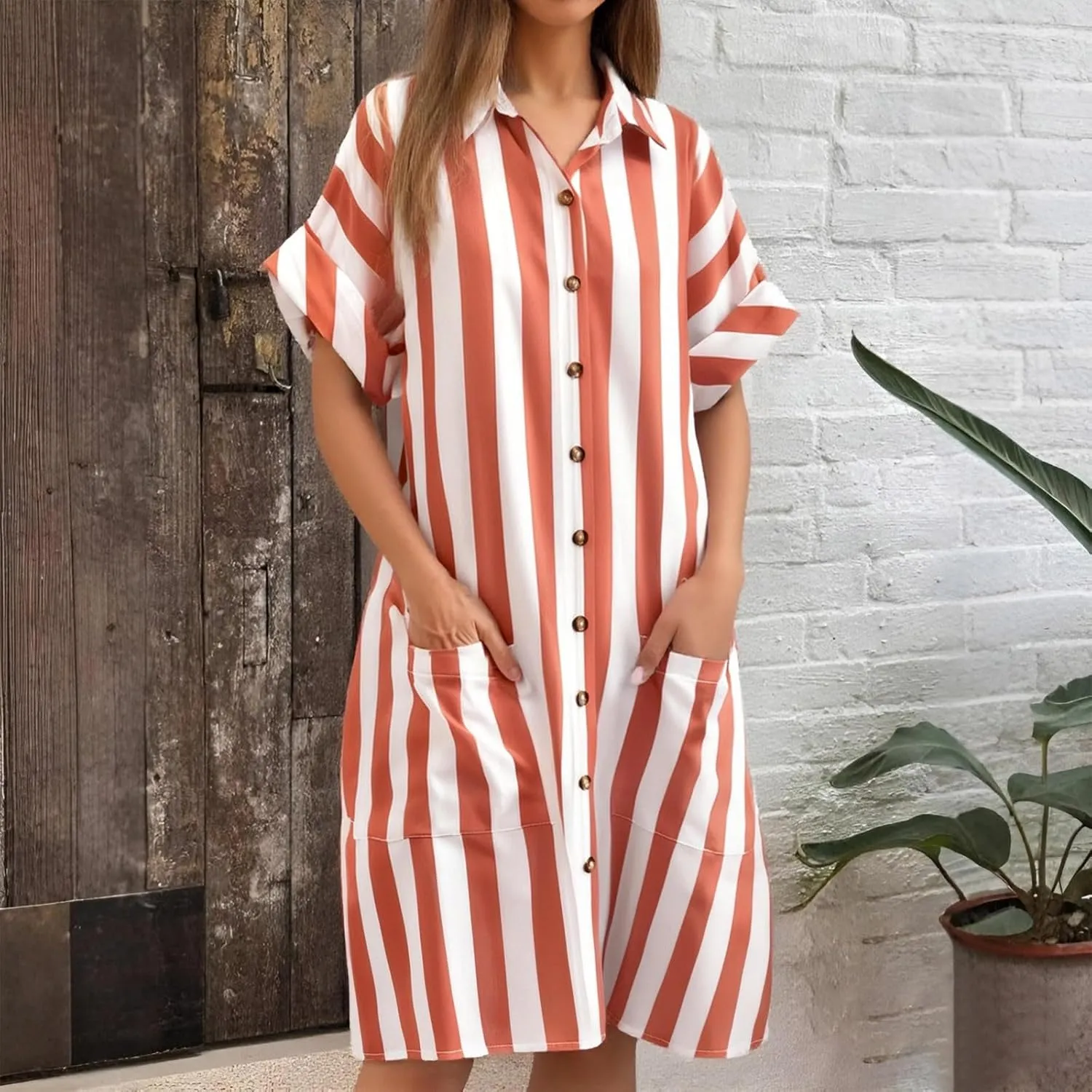 Womens Shirt Dress 2025 Striped Dresses Short Sleeve Button Down Collared Beach Casual Shift Dresses with Pockets