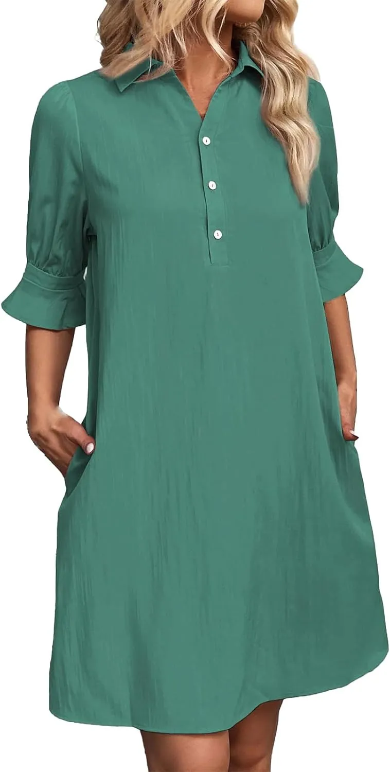 Womens Shirt Dress Ruffle Sleeve Button Down Dresses Summer Casual Loose Solid Shift Dresses with Pocket