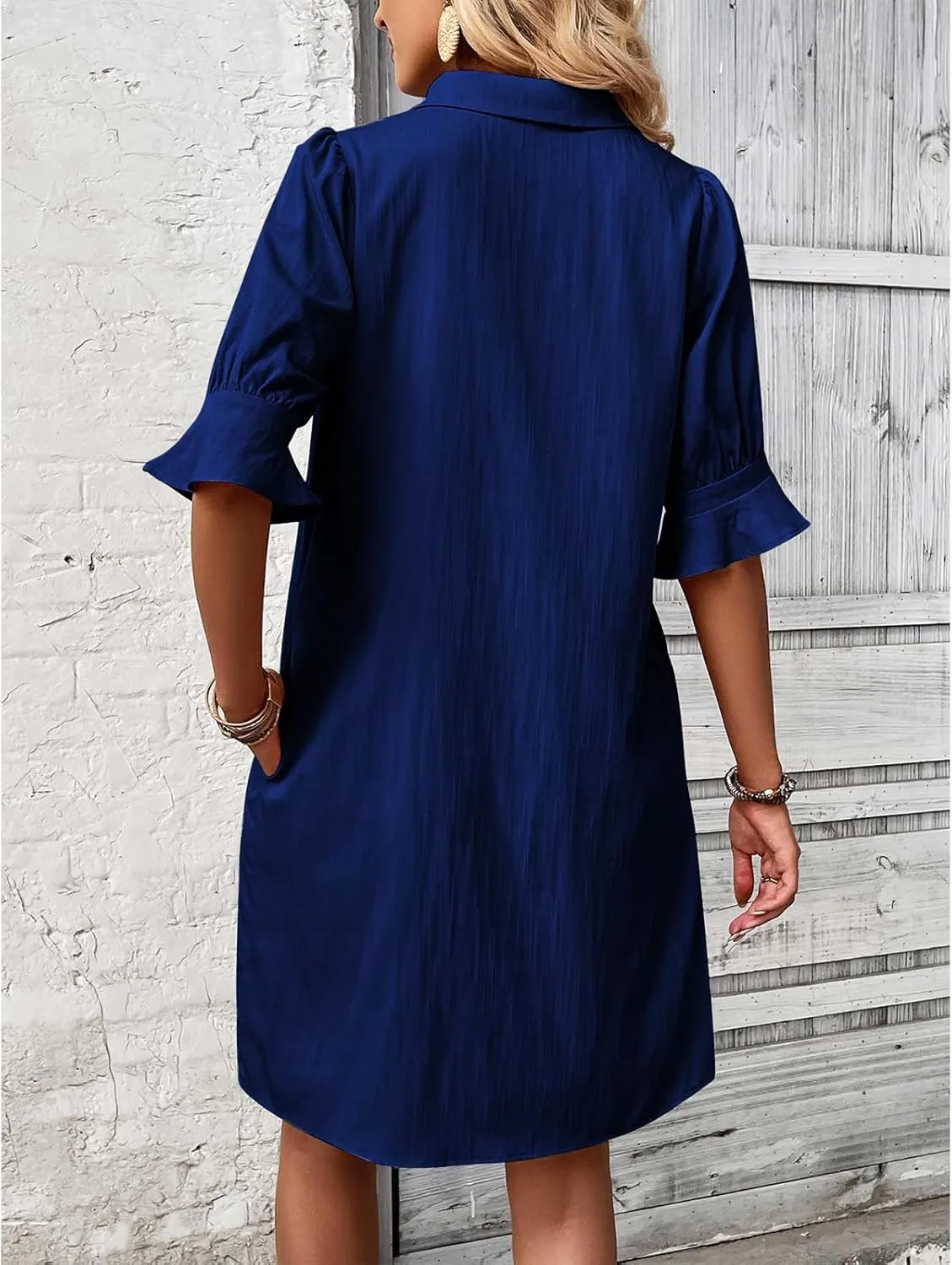 Womens Shirt Dress Ruffle Sleeve Button Down Dresses Summer Casual Loose Solid Shift Dresses with Pocket
