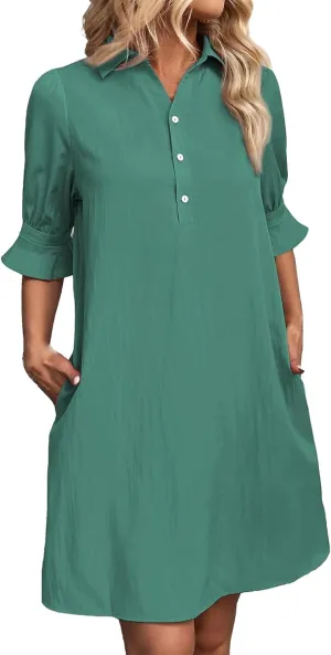 Womens Shirt Dress Ruffle Sleeve Button Down Dresses Summer Casual Loose Solid Shift Dresses with Pocket
