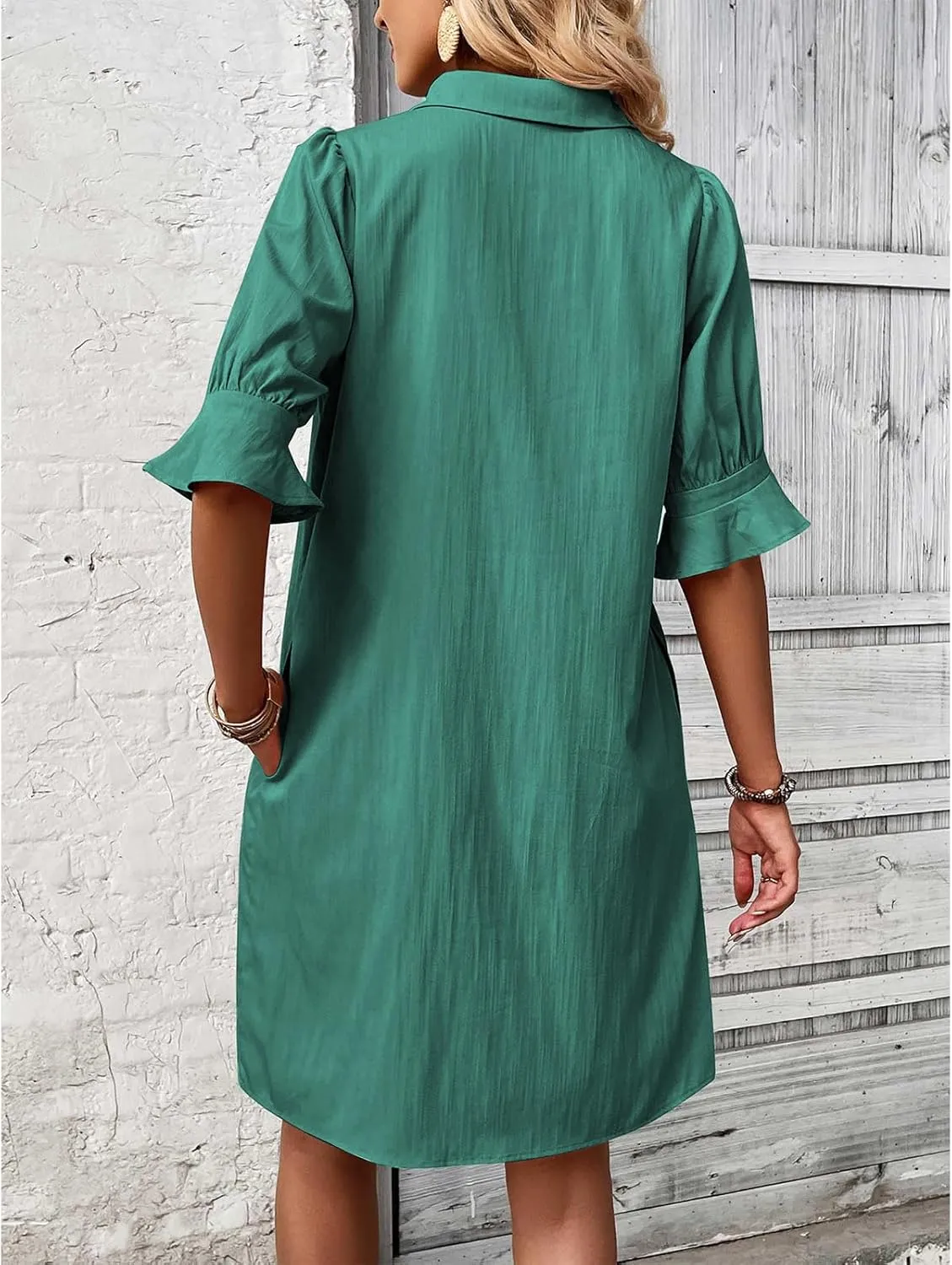 Womens Shirt Dress Ruffle Sleeve Button Down Dresses Summer Casual Loose Solid Shift Dresses with Pocket