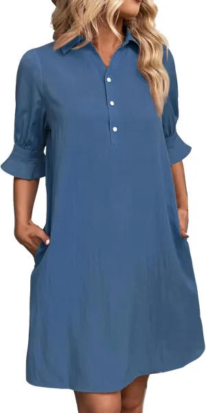 Womens Shirt Dress Ruffle Sleeve Button Down Dresses Summer Casual Loose Solid Shift Dresses with Pocket