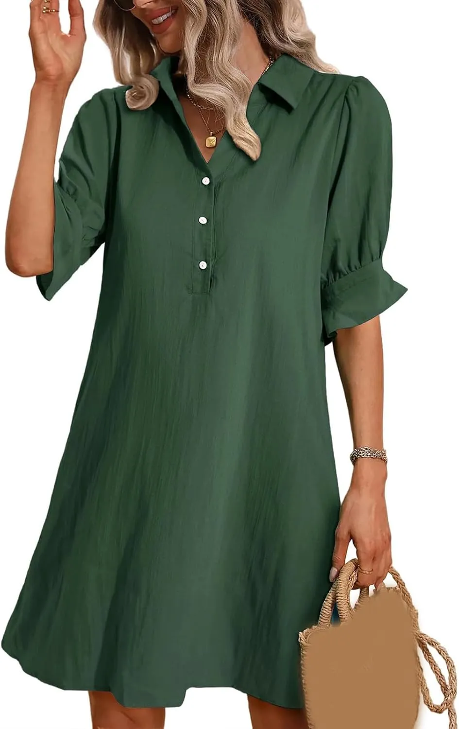 Womens Shirt Dress Ruffle Sleeve Button Down Dresses Summer Casual Loose Solid Shift Dresses with Pocket
