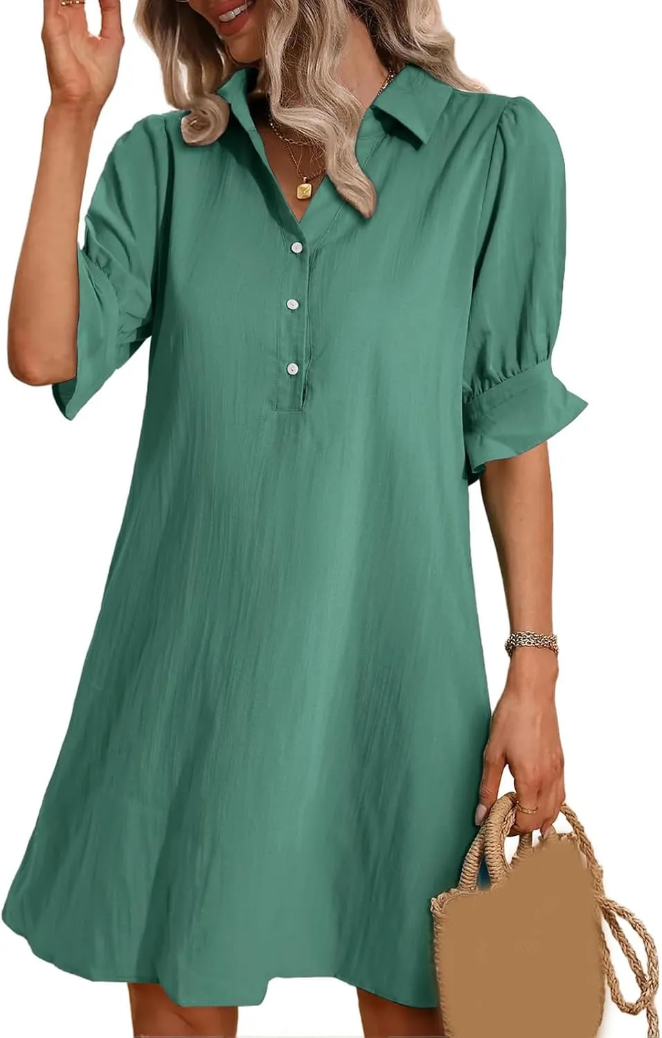 Womens Shirt Dress Ruffle Sleeve Button Down Dresses Summer Casual Loose Solid Shift Dresses with Pocket