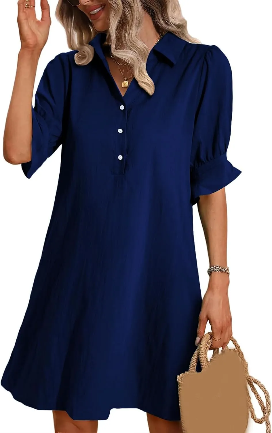 Womens Shirt Dress Ruffle Sleeve Button Down Dresses Summer Casual Loose Solid Shift Dresses with Pocket