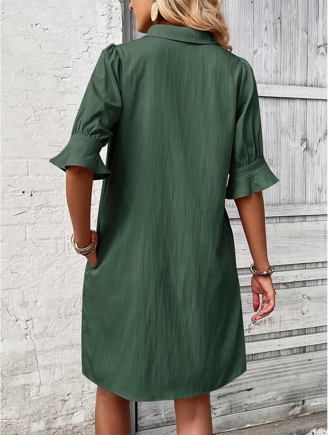 Womens Shirt Dress Ruffle Sleeve Button Down Dresses Summer Casual Loose Solid Shift Dresses with Pocket