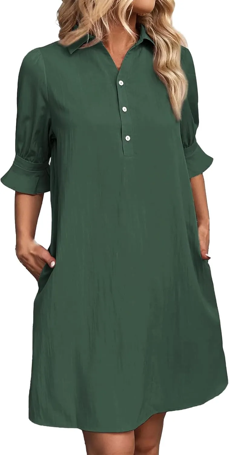 Womens Shirt Dress Ruffle Sleeve Button Down Dresses Summer Casual Loose Solid Shift Dresses with Pocket