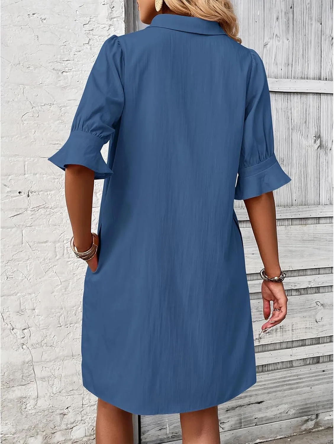Womens Shirt Dress Ruffle Sleeve Button Down Dresses Summer Casual Loose Solid Shift Dresses with Pocket