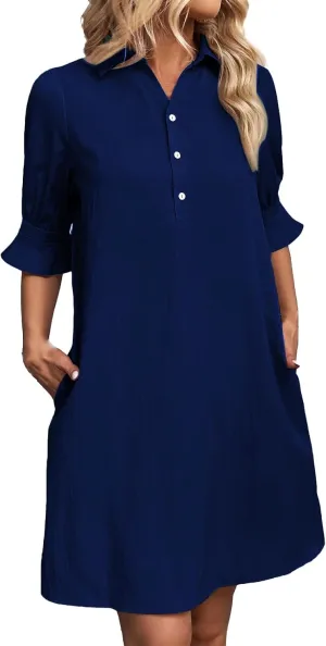 Womens Shirt Dress Ruffle Sleeve Button Down Dresses Summer Casual Loose Solid Shift Dresses with Pocket
