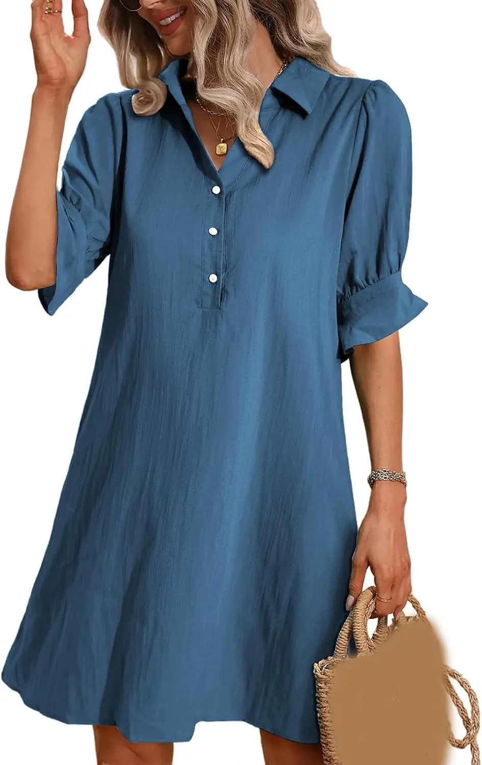 Womens Shirt Dress Ruffle Sleeve Button Down Dresses Summer Casual Loose Solid Shift Dresses with Pocket