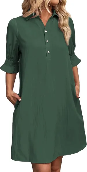 Womens Shirt Dress Ruffle Sleeve Button Down Dresses Summer Casual Loose Solid Shift Dresses with Pocket