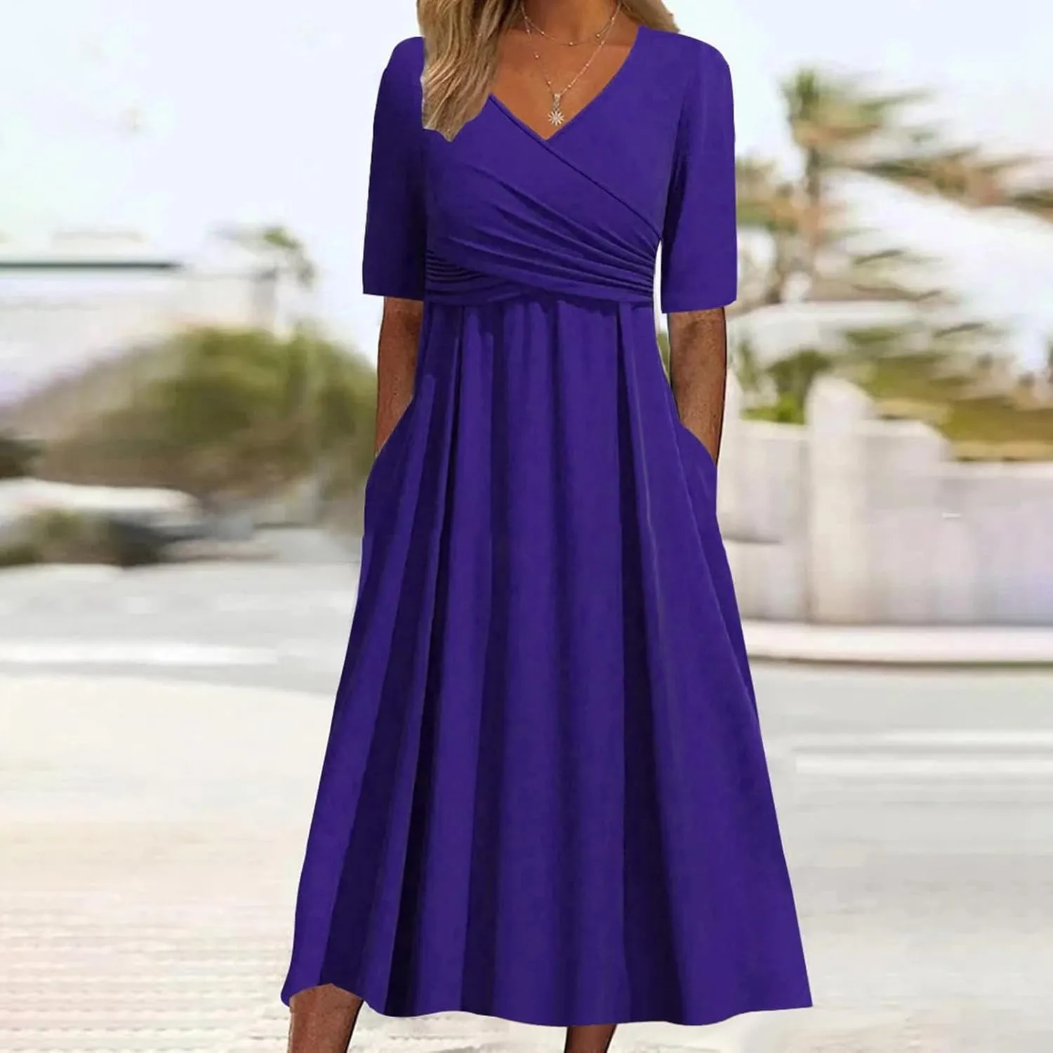 Womens Short Sleeve Dress Casual Plus Size V-Neck Maxi Dresses A Line Flowy Beach Sundress with Pockets