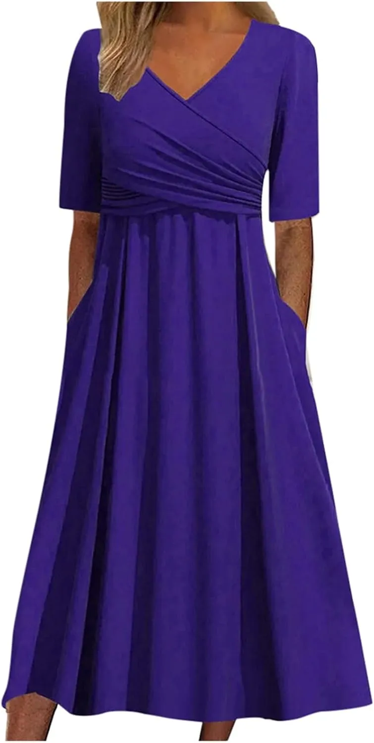 Womens Short Sleeve Dress Casual Plus Size V-Neck Maxi Dresses A Line Flowy Beach Sundress with Pockets