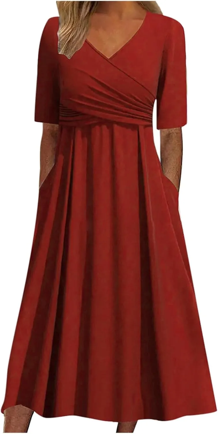 Womens Short Sleeve Dress Casual Plus Size V-Neck Maxi Dresses A Line Flowy Beach Sundress with Pockets