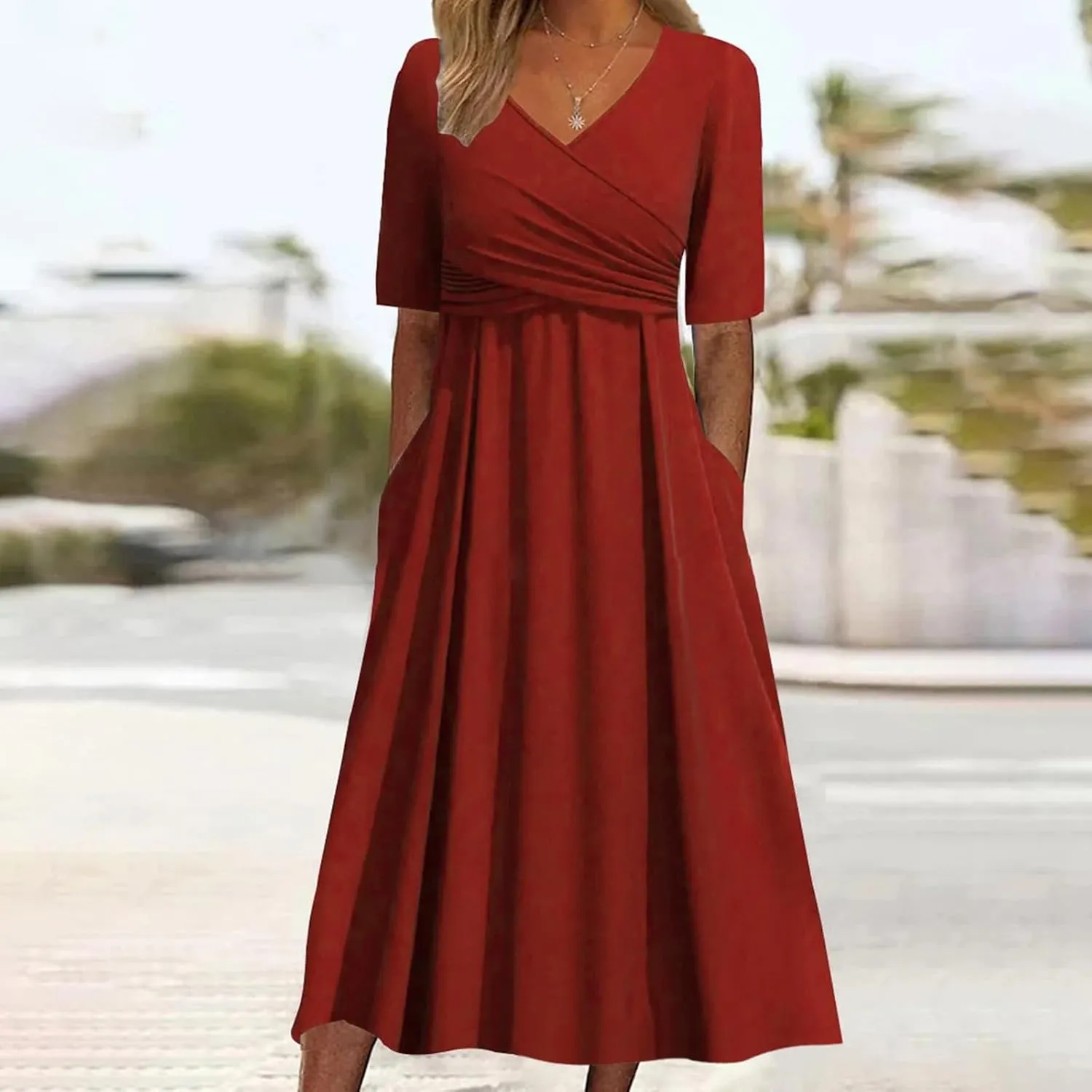 Womens Short Sleeve Dress Casual Plus Size V-Neck Maxi Dresses A Line Flowy Beach Sundress with Pockets