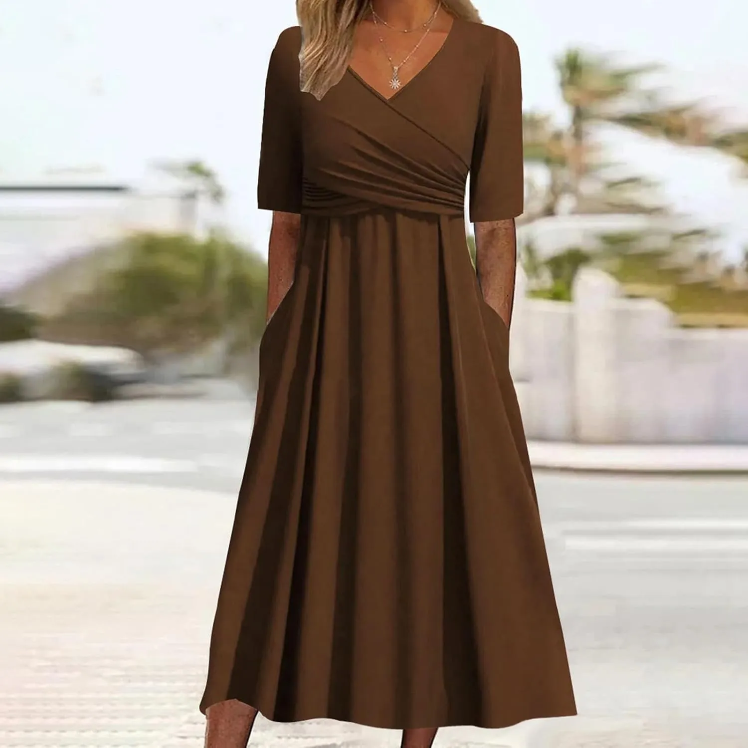 Womens Short Sleeve Dress Casual Plus Size V-Neck Maxi Dresses A Line Flowy Beach Sundress with Pockets