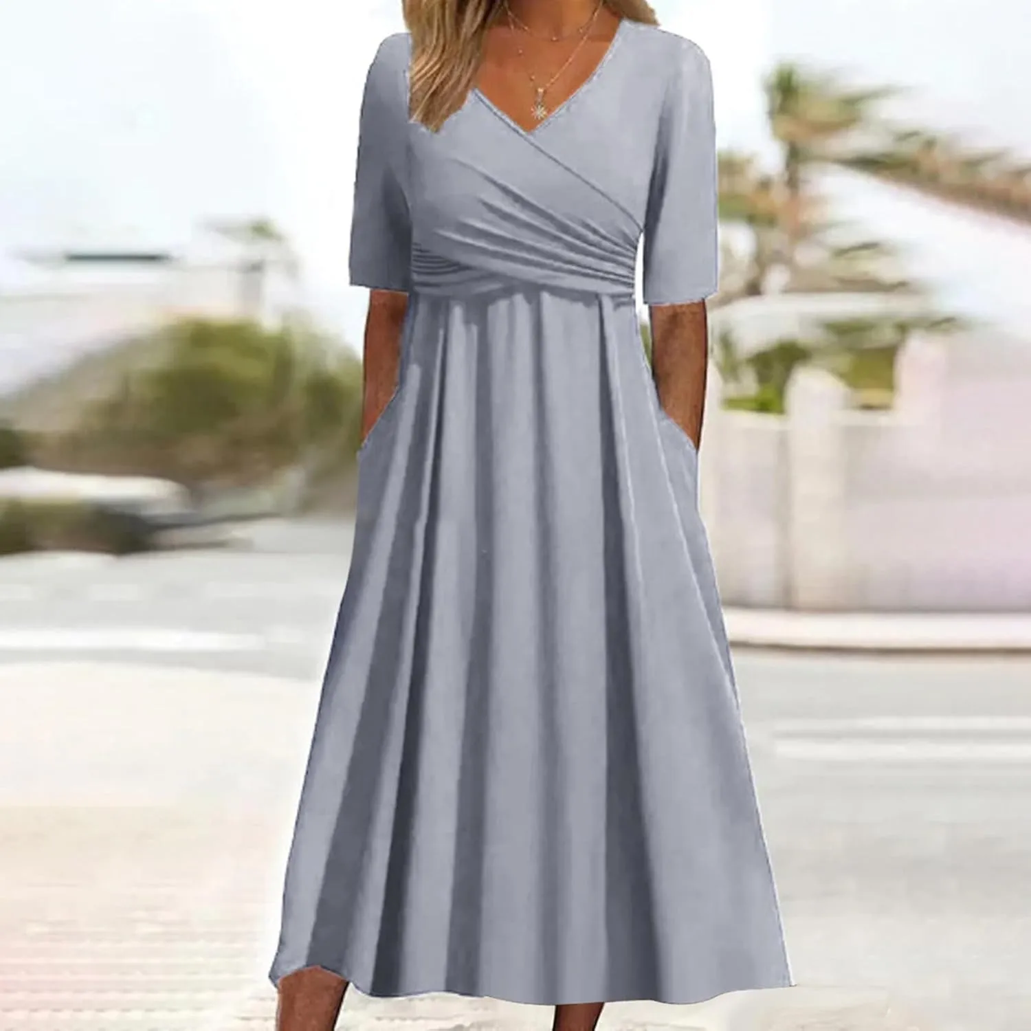 Womens Short Sleeve Dress Casual Plus Size V-Neck Maxi Dresses A Line Flowy Beach Sundress with Pockets