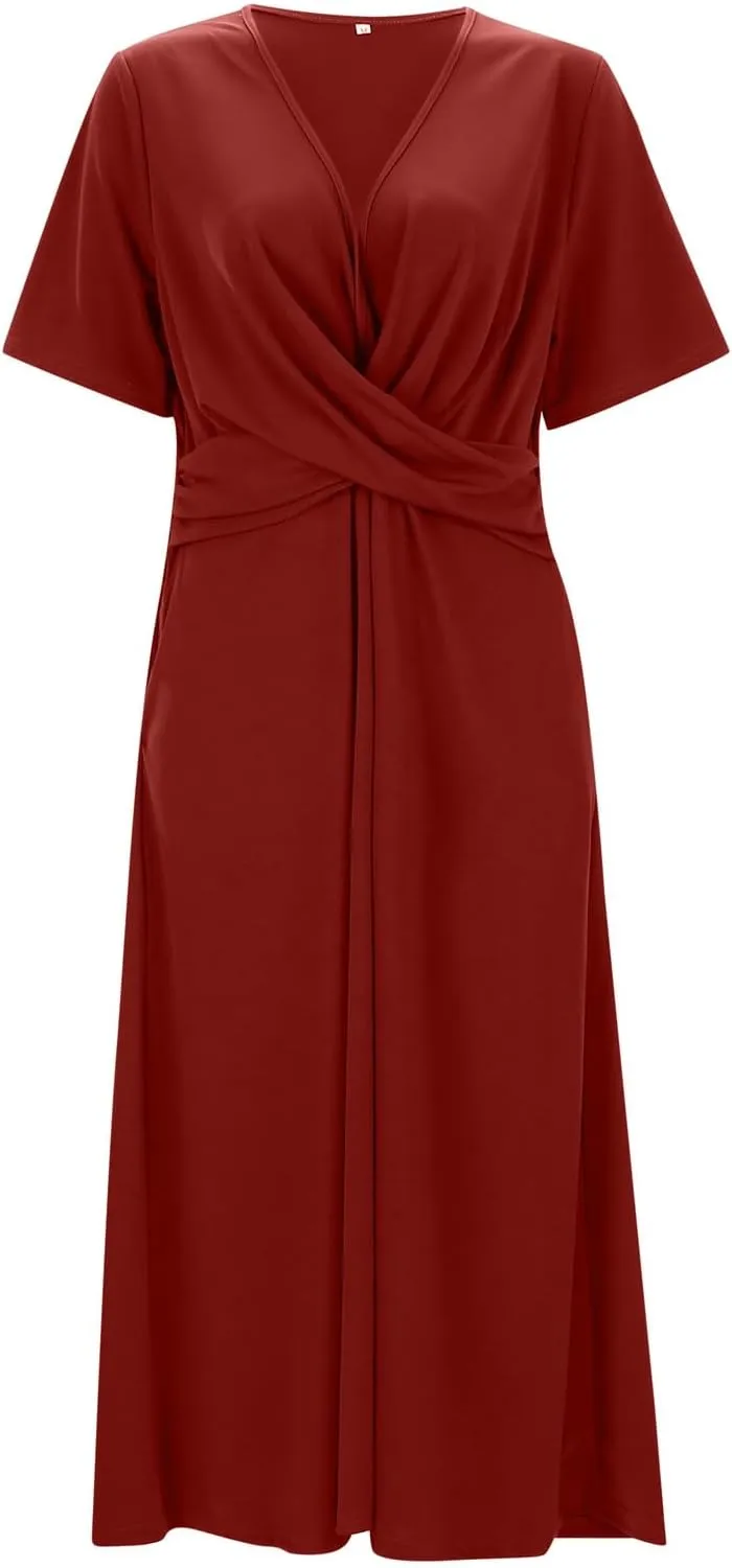 Womens Short Sleeve Dress Casual Plus Size V-Neck Maxi Dresses A Line Flowy Beach Sundress with Pockets