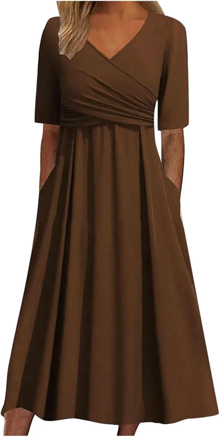 Womens Short Sleeve Dress Casual Plus Size V-Neck Maxi Dresses A Line Flowy Beach Sundress with Pockets
