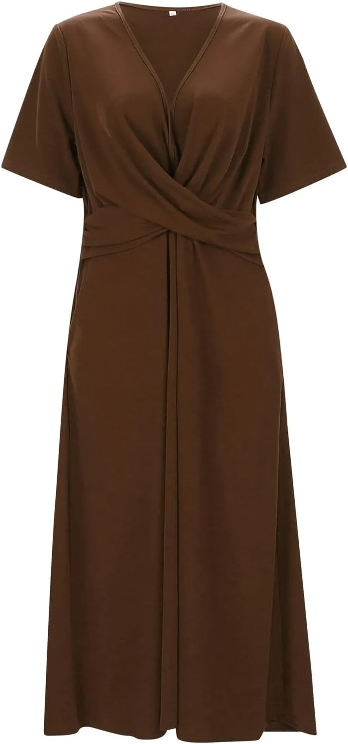 Womens Short Sleeve Dress Casual Plus Size V-Neck Maxi Dresses A Line Flowy Beach Sundress with Pockets