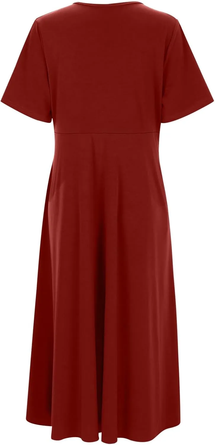 Womens Short Sleeve Dress Casual Plus Size V-Neck Maxi Dresses A Line Flowy Beach Sundress with Pockets
