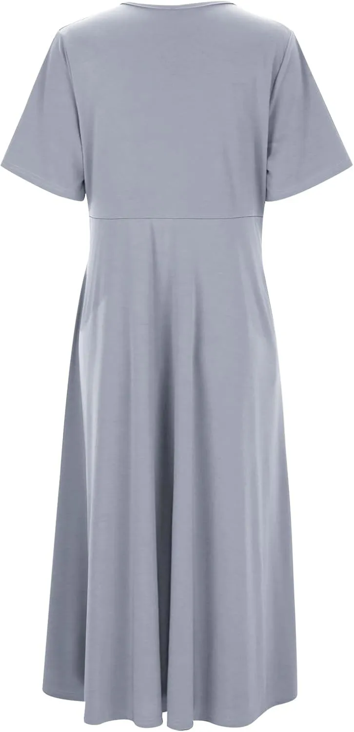 Womens Short Sleeve Dress Casual Plus Size V-Neck Maxi Dresses A Line Flowy Beach Sundress with Pockets