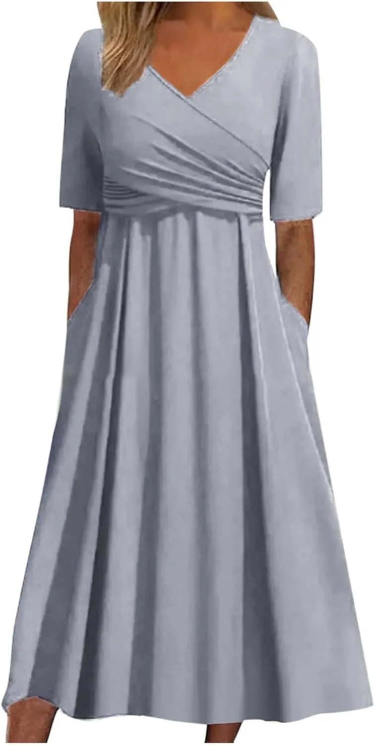Womens Short Sleeve Dress Casual Plus Size V-Neck Maxi Dresses A Line Flowy Beach Sundress with Pockets