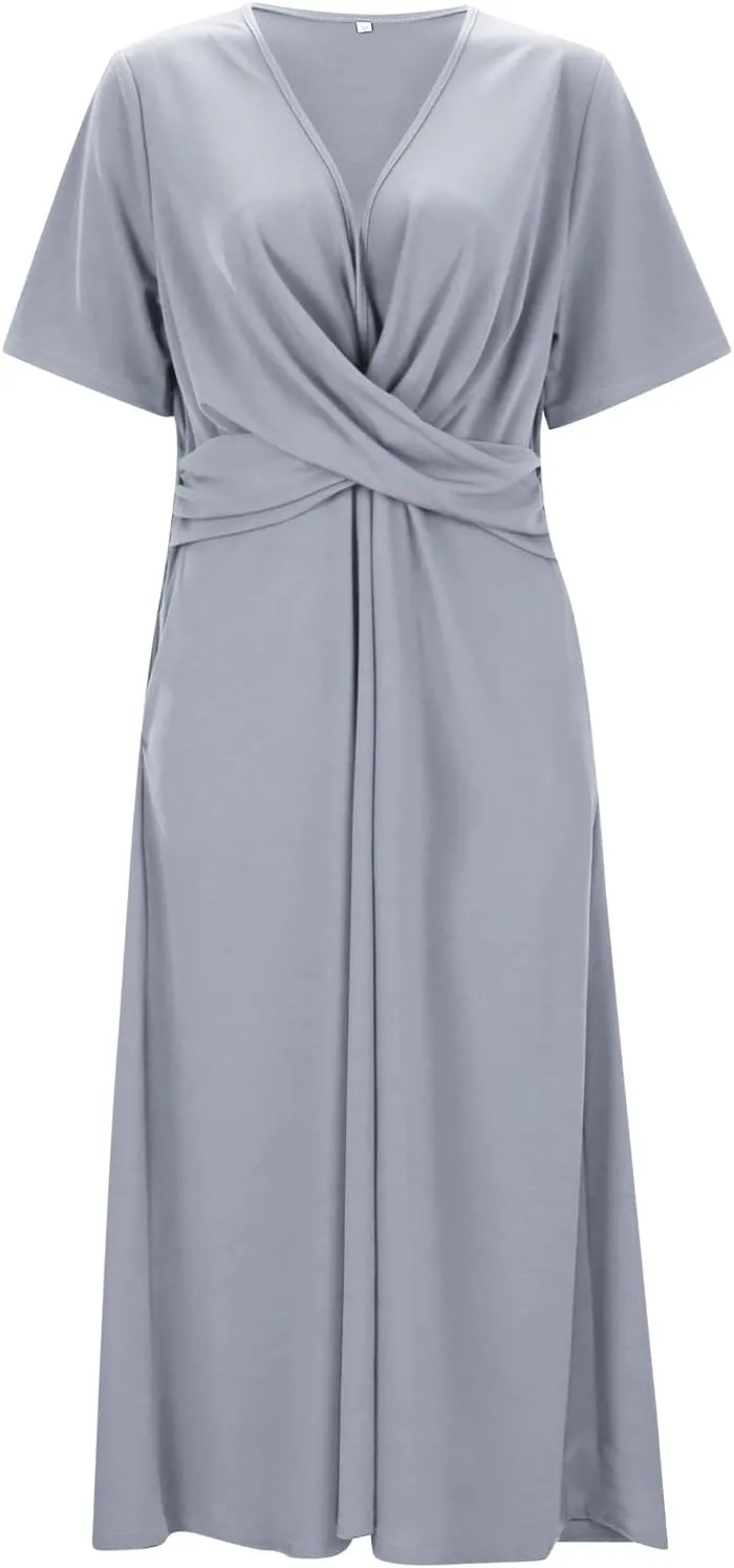Womens Short Sleeve Dress Casual Plus Size V-Neck Maxi Dresses A Line Flowy Beach Sundress with Pockets
