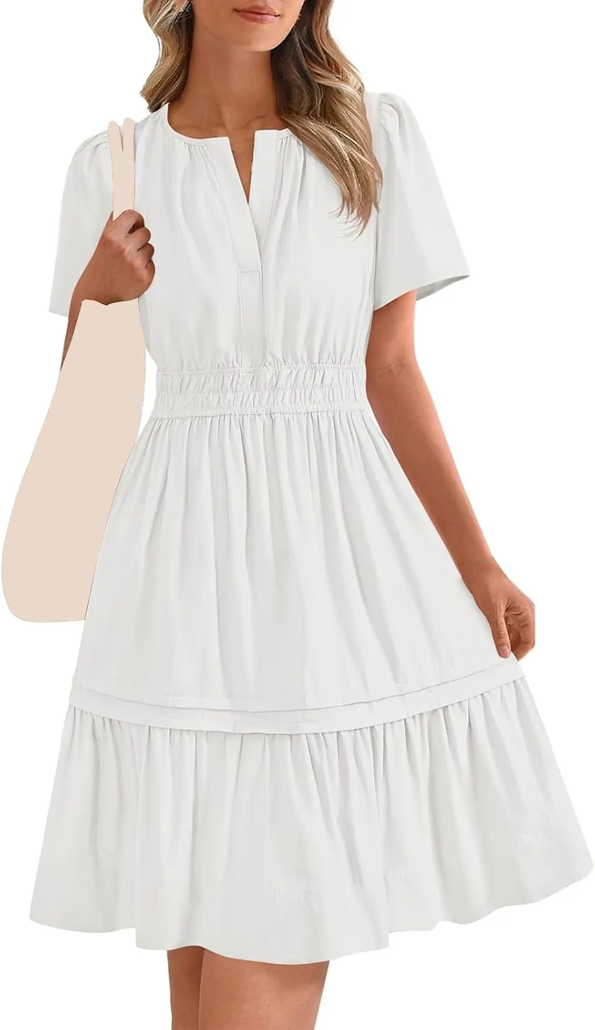 Womens Short Sleeve Dresses Summer Flowy V Neck Midi Dress Casual High Waist Tunic Pleated Ruffle Hem Beach Sundress