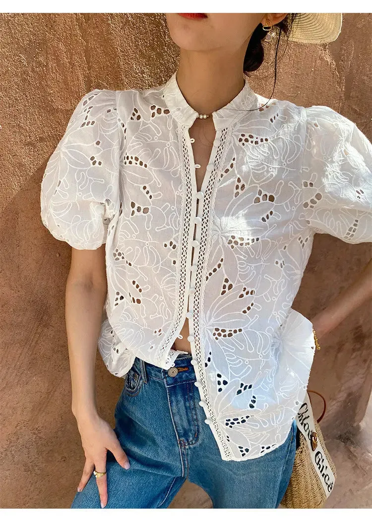 Women's Short-sleeved Cotton Embroidered Shirt