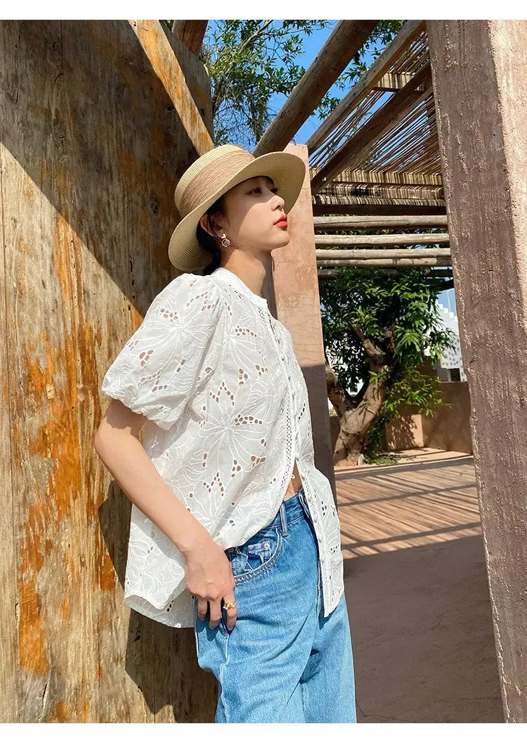 Women's Short-sleeved Cotton Embroidered Shirt